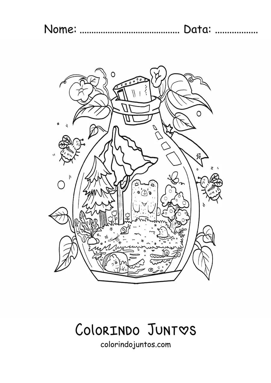 Desenho para colorir de ursinho kawaii animado em uma floresta mágica dentro de uma garrafa