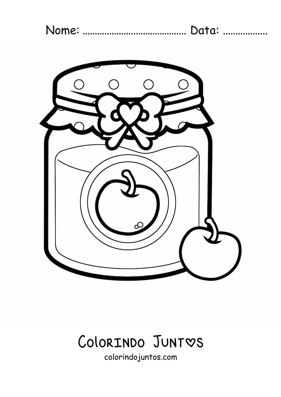 Desenho para colorir de um pote de geleia de cereja com uma cereja ao lado