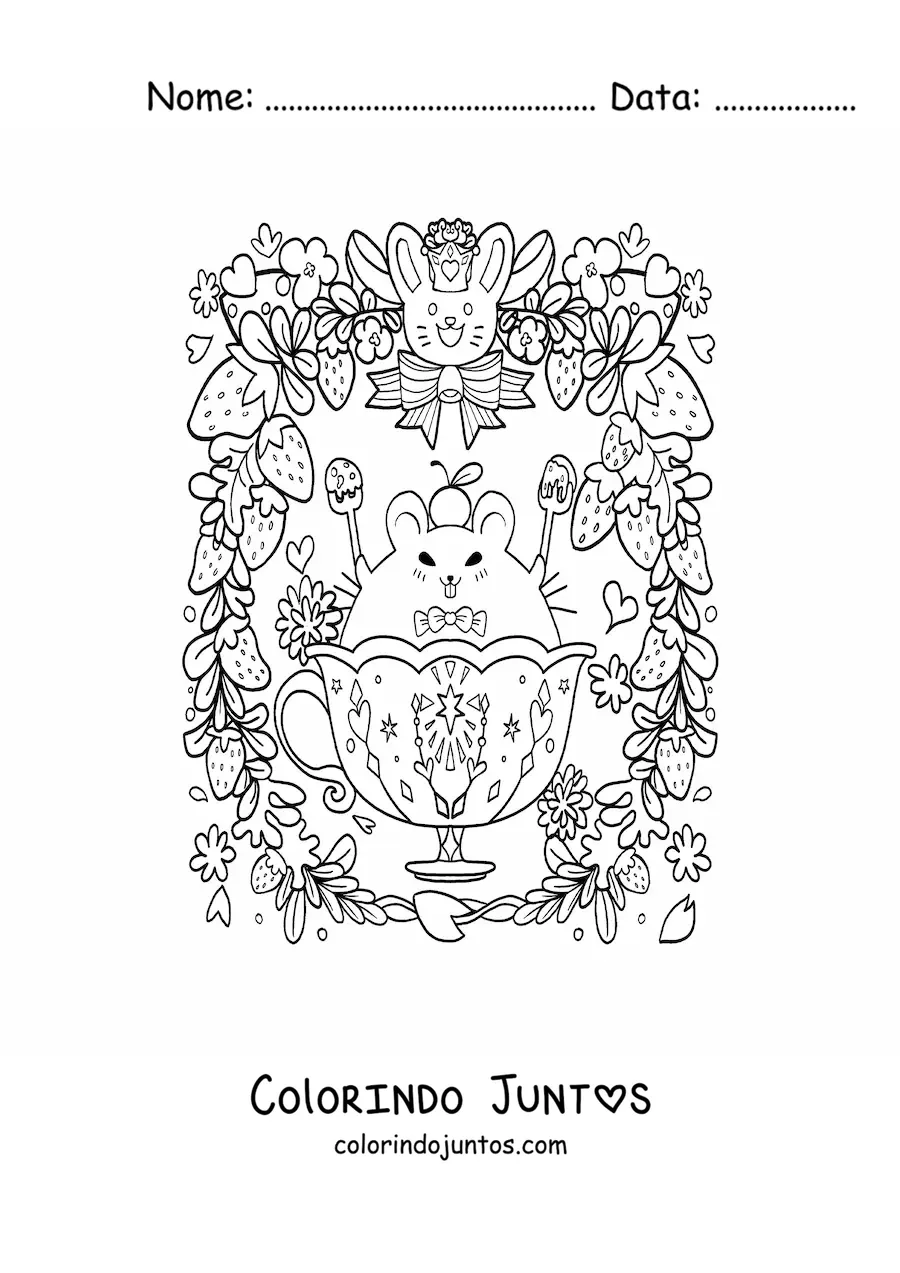 Desenho para colorir de rato kawaii animado com morangos