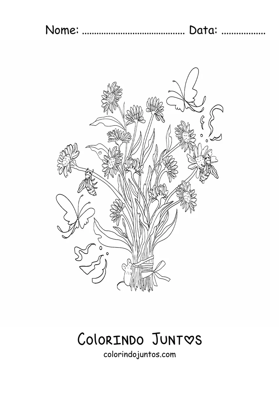 Desenho para colorir de buquê de flores com rato kawaii animado e borboletas