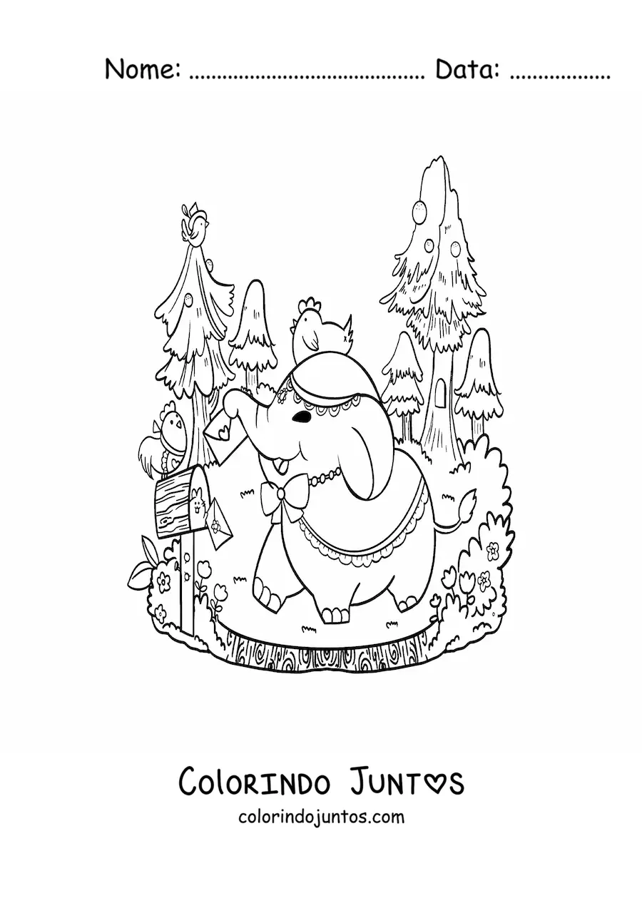 Desenho para colorir de elefante kawaii animado buscando sua correspondência na floresta