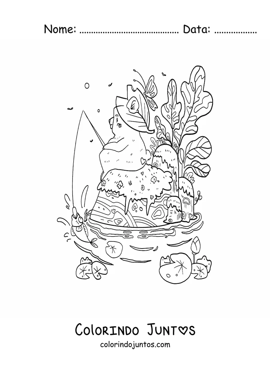 Desenho para colorir de urso kawaii animado sentado à beira do lago