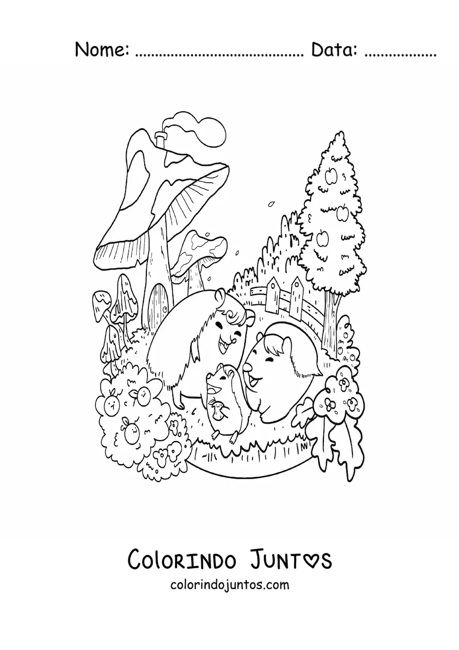 Desenho para colorir de porcos-espinhos kawaii animados em um jardim mágico