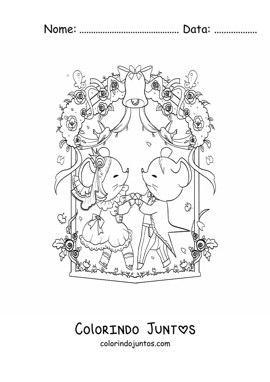 Desenho para colorir de ratos kawaii animados dançando a valsa