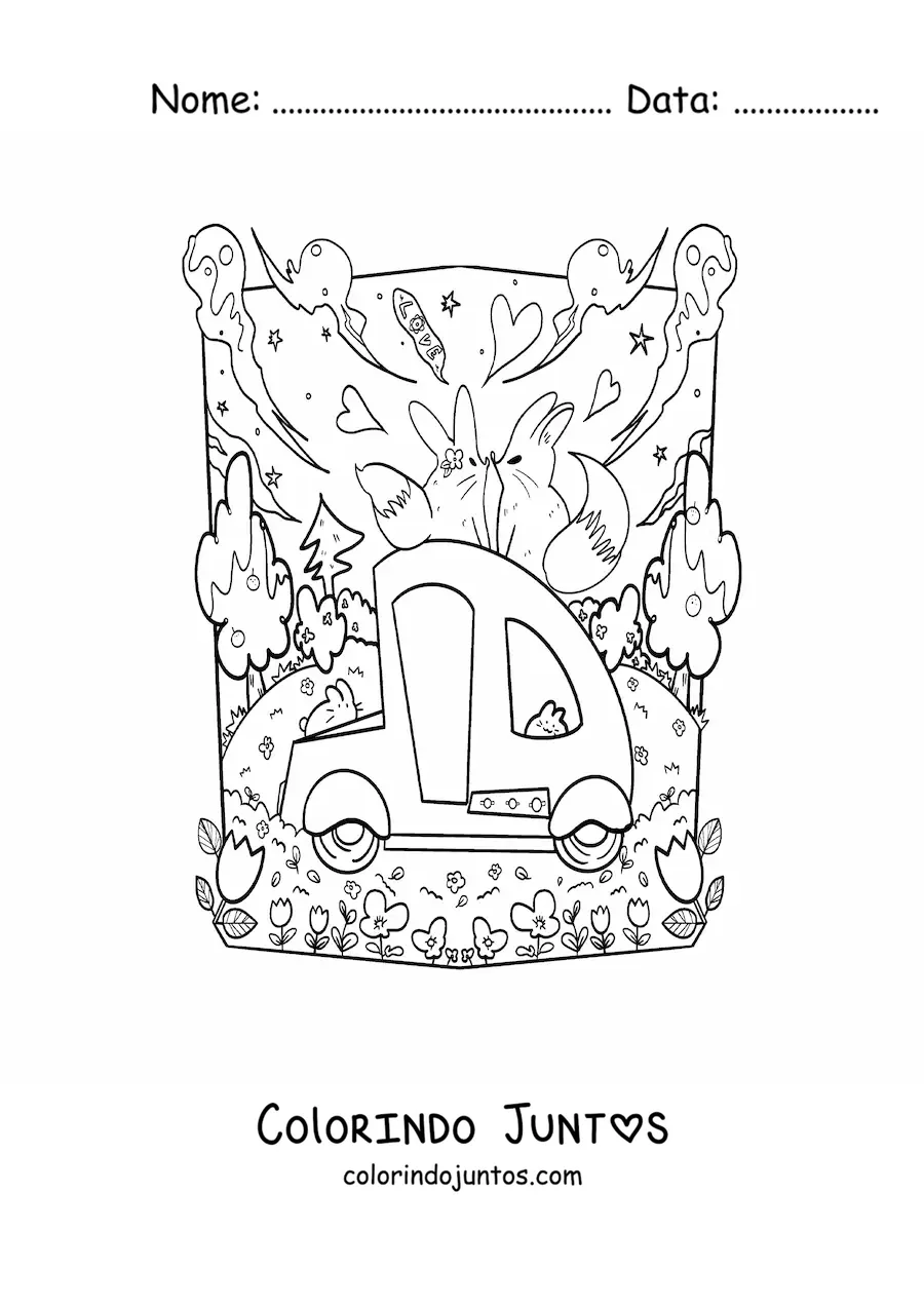 Desenho para colorir de raposas fofas apaixonadas em uma carroça
