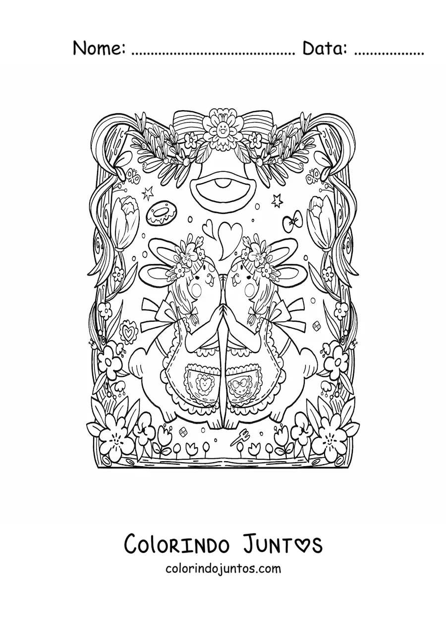 Desenho para colorir de coelhos fofos apaixonados dançando