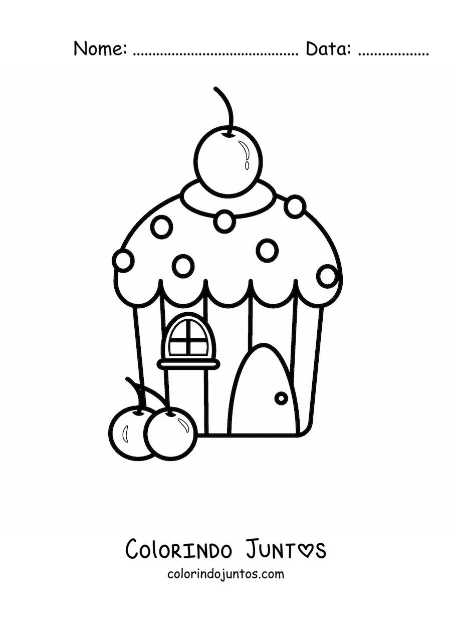 Desenho para colorir de uma casa de cupcake com uma cereja no teto