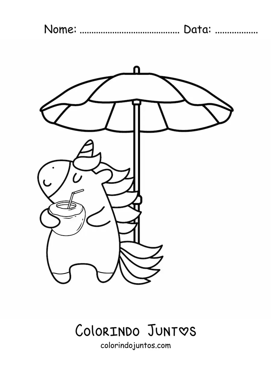 Desenho para colorir de unicórnio animado na praia