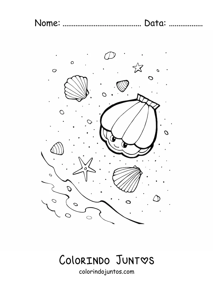 Desenho para colorir de conchas na beira da praia