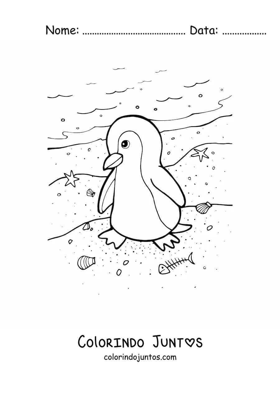 Desenho para colorir de pinguim na beira da praia