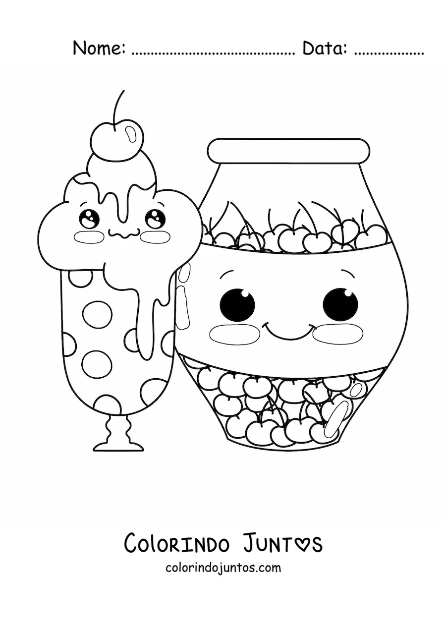 Desenho para colorir de um sorvete kawaii com uma cereja e um pote de cerejas ao lado