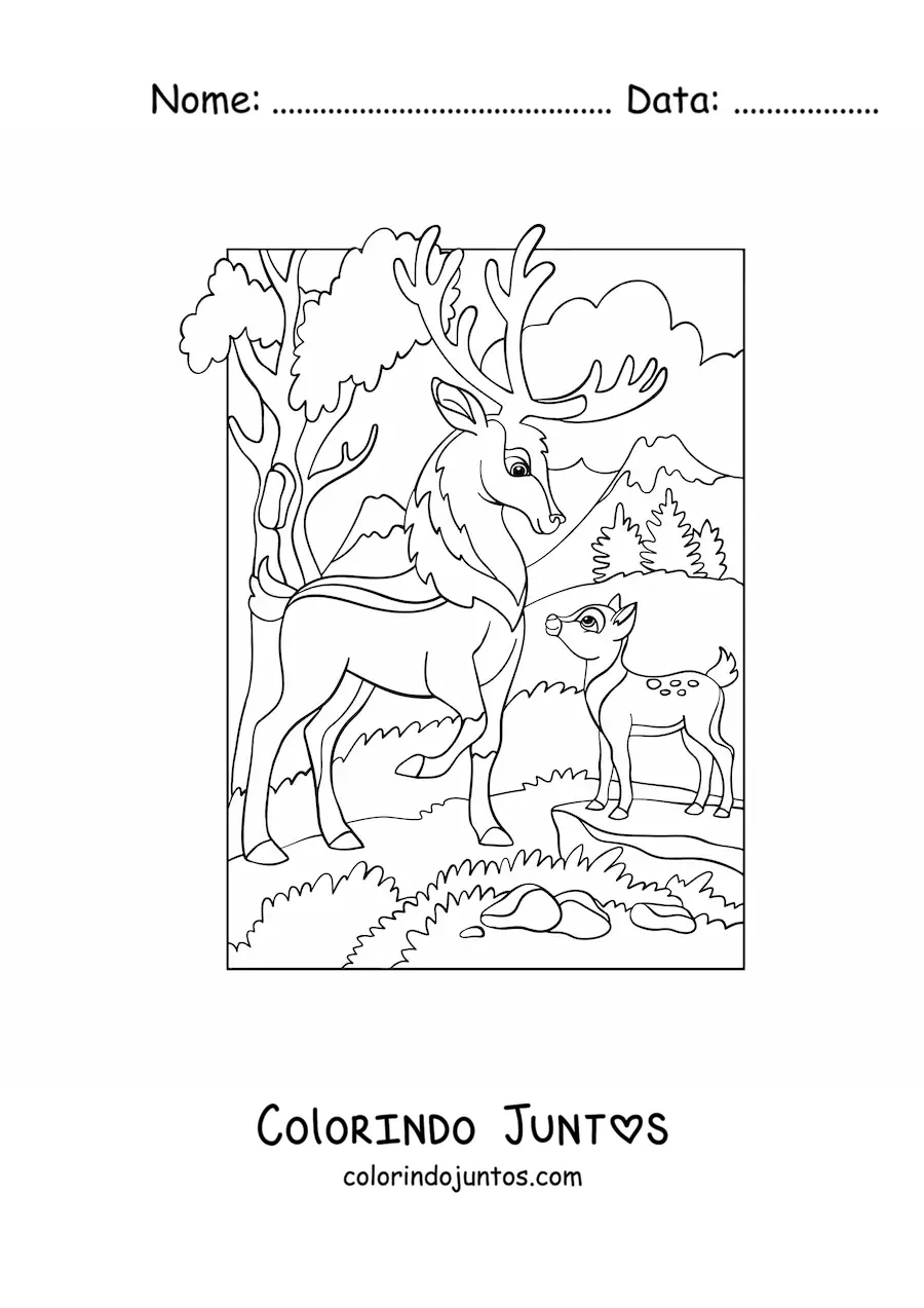 Desenho para colorir de veados na floresta