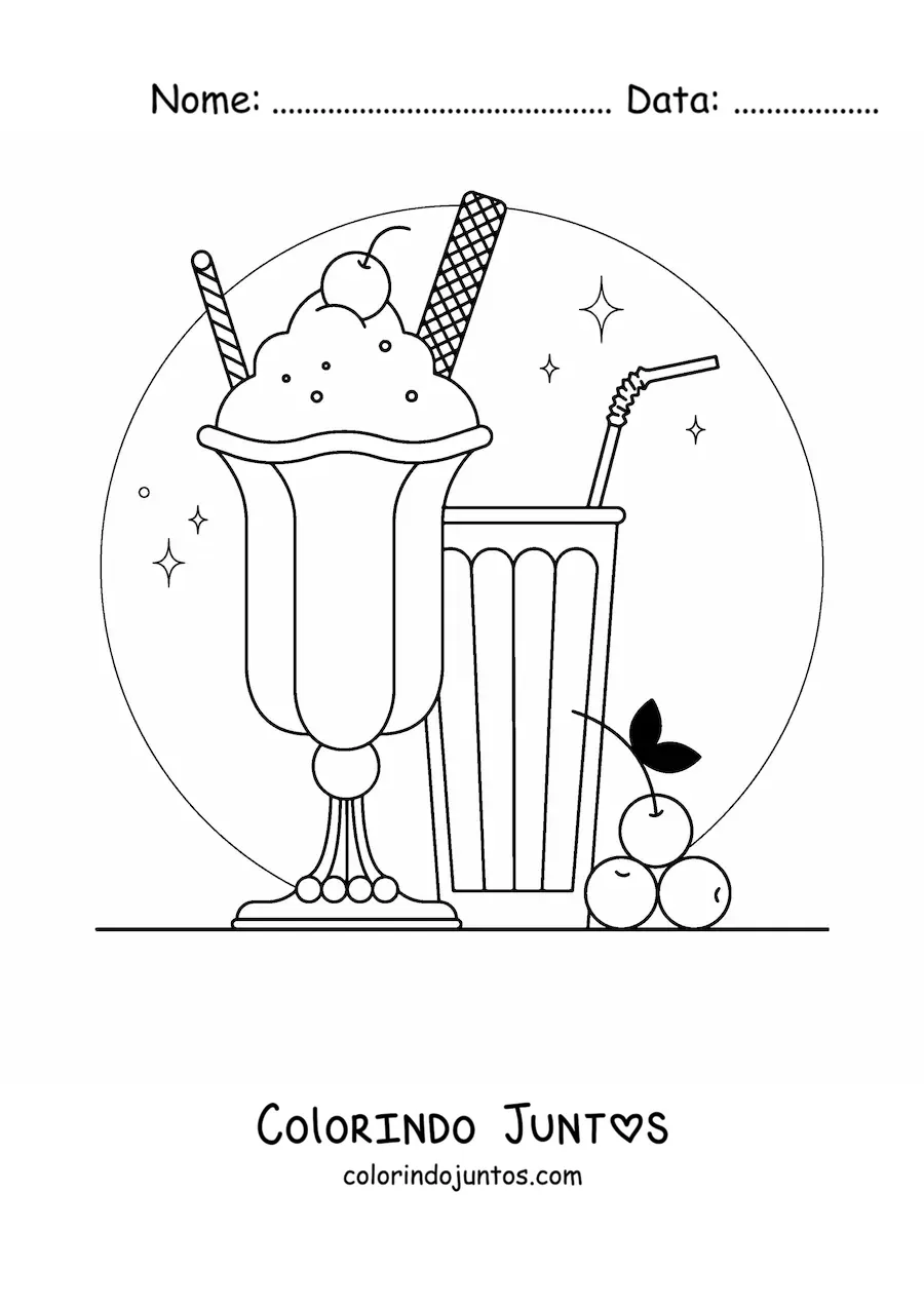 Desenho para colorir de um sorvete com cerejas e um copo com canudo