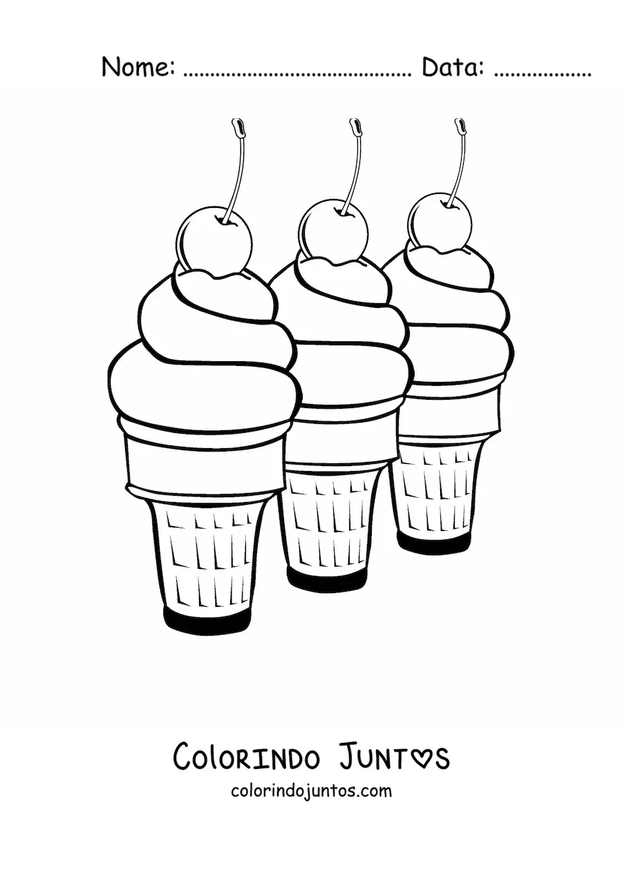 Desenho para colorir de três sorvetes em fila com cerejas