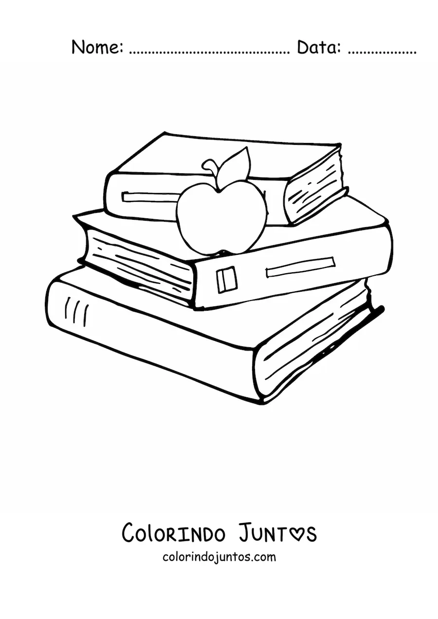 Desenho para colorir de uma maçã sobre uma pilha de livros escolares