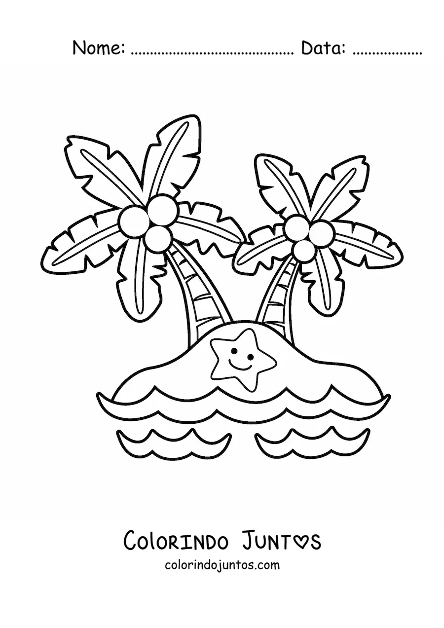 Desenho para colorir de ilha kawaii com palmeiras