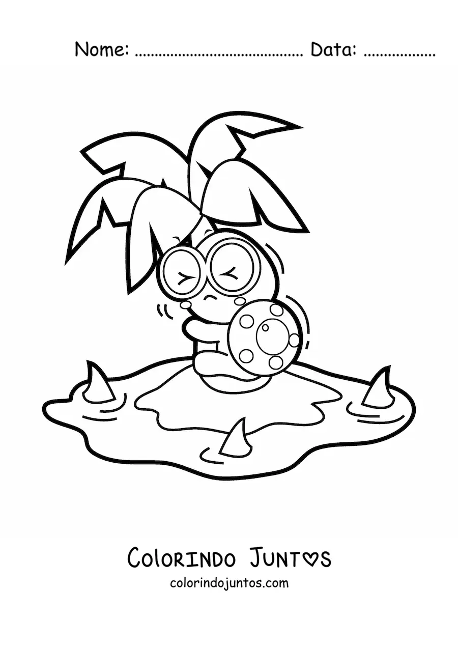 Desenho para colorir de tartaruga kawaii em uma ilha com tubarões