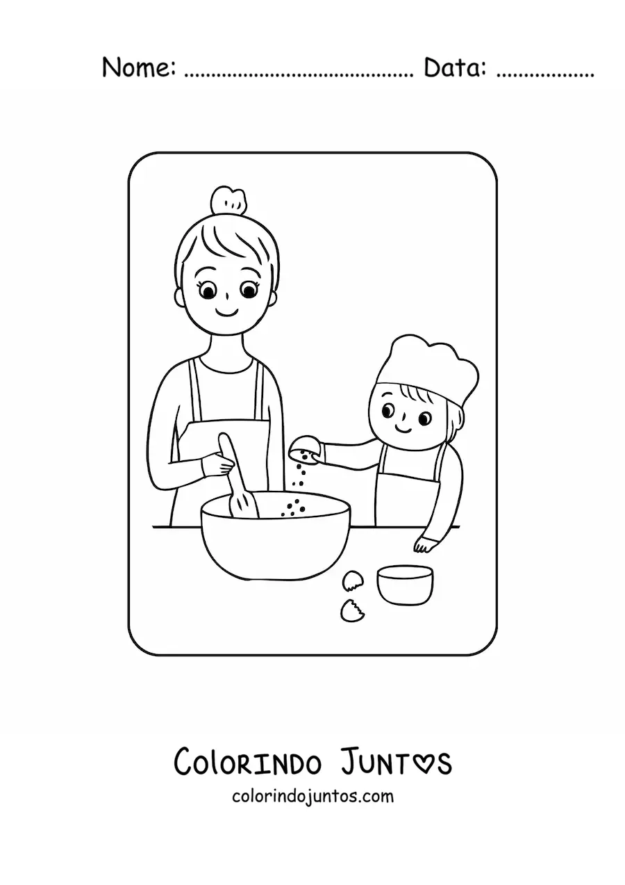 Desenho para colorir de filho cozinhando com a mãe no Dia das Mães