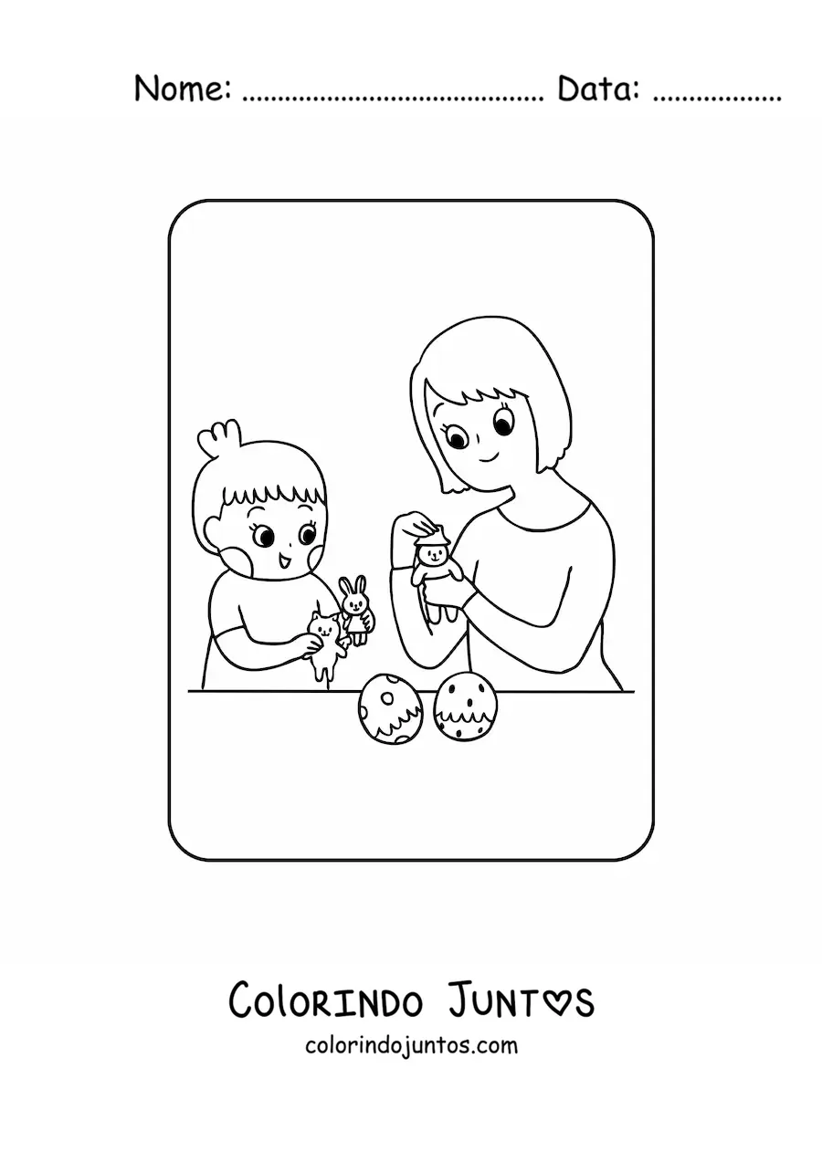 Desenho para colorir de menina kawaii brincando de bonecas com a mãe no Dia das Mães