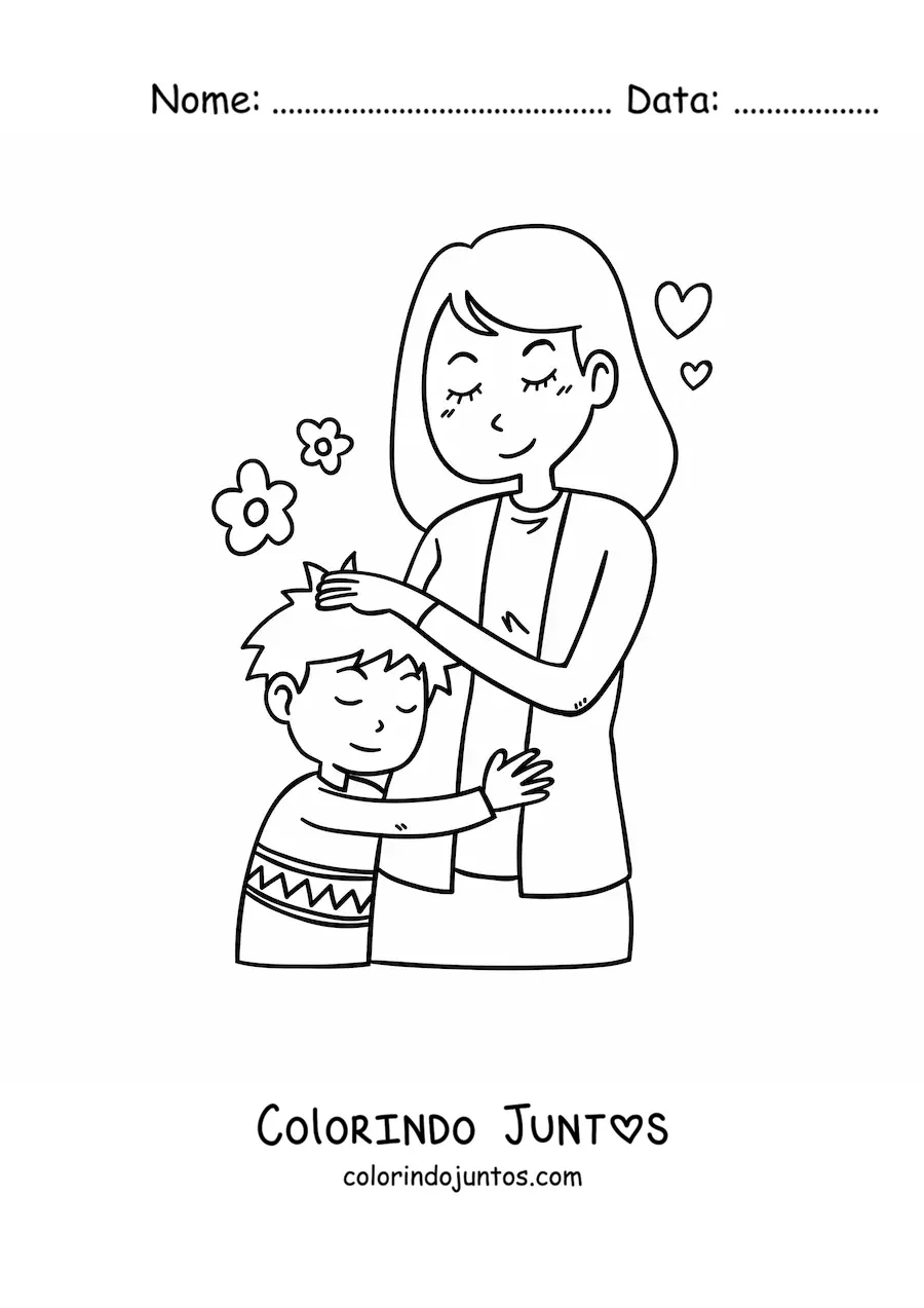 Desenho para colorir de menino kawaii abraçando a mãe no Dia das Mães