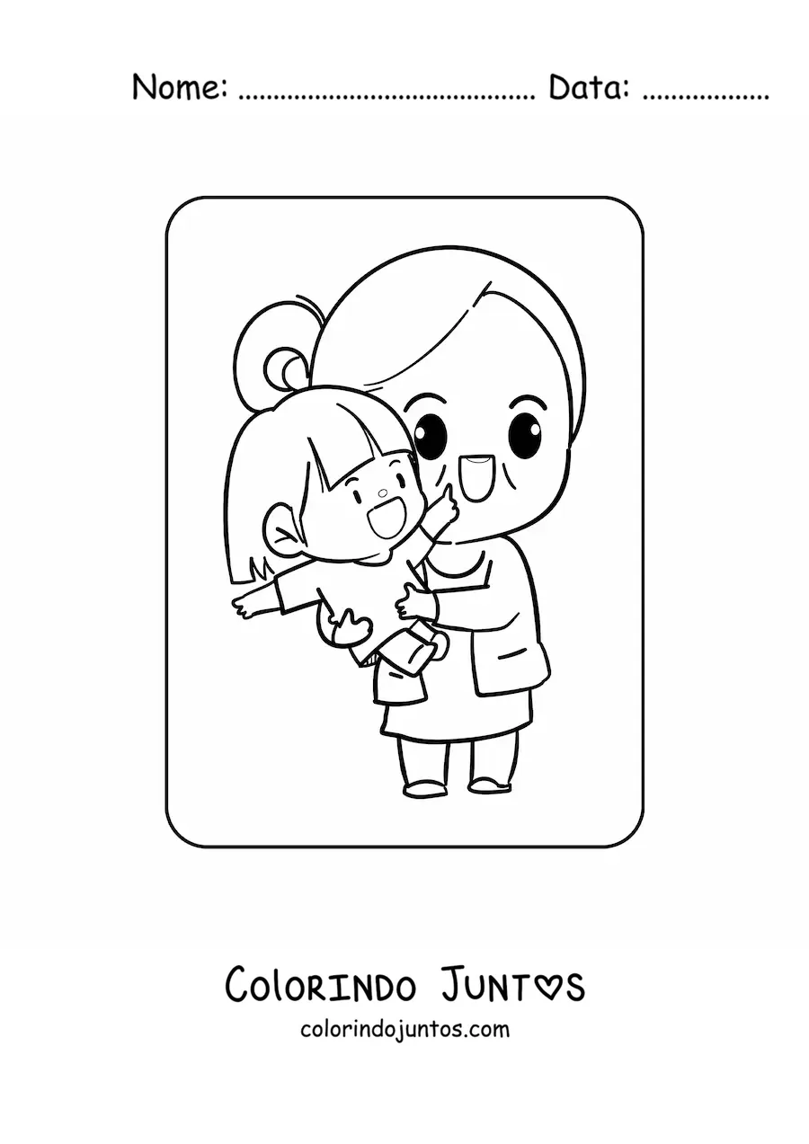 Desenho para colorir de avó kawaii segurando a neta no Dia dos Avós
