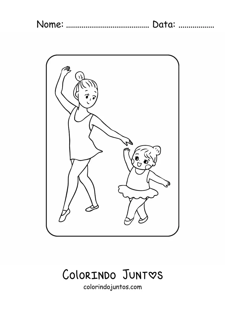 Desenho para colorir de menina kawaii dançando balé com a mãe no Dia das Mães