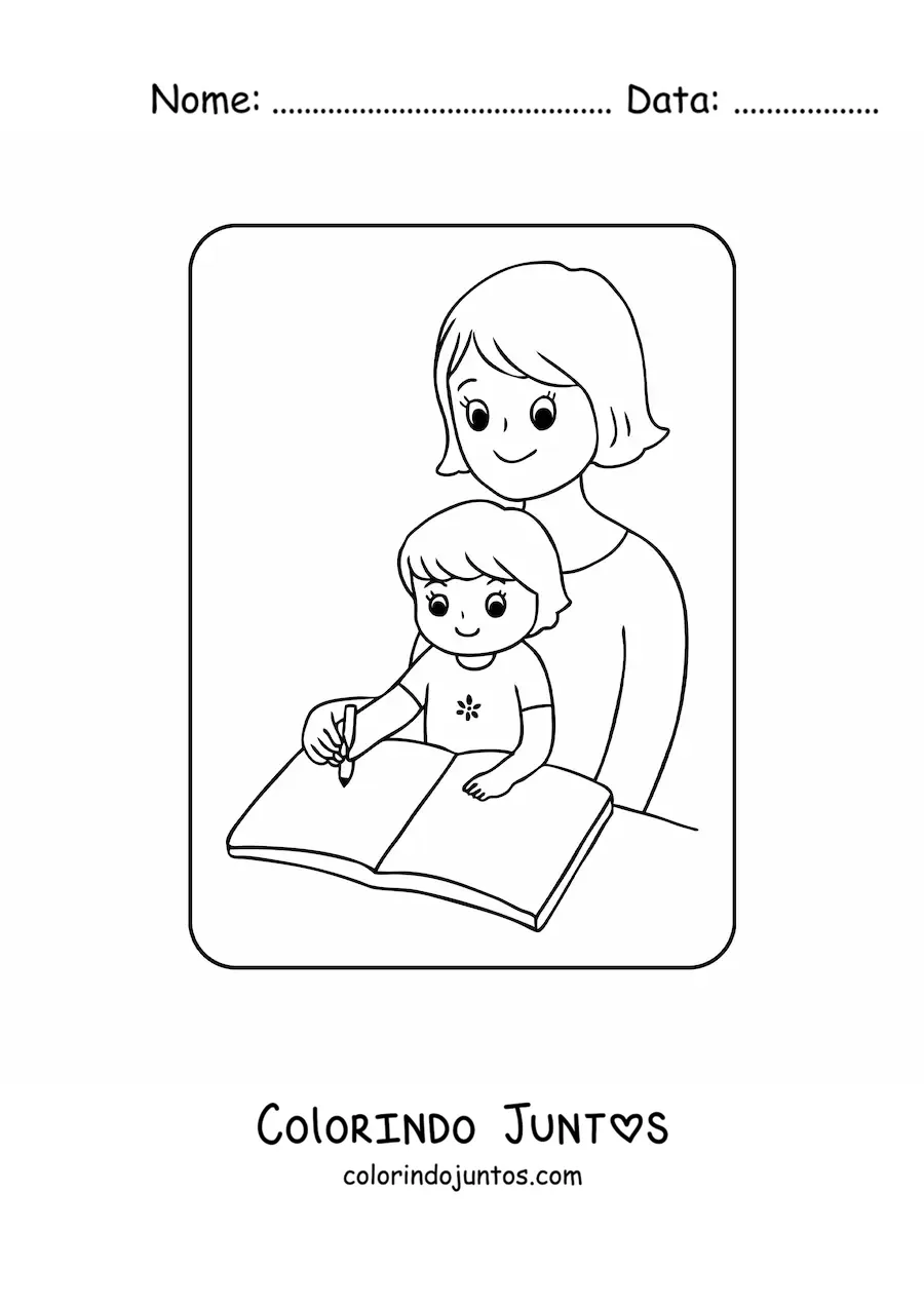 Desenho para colorir de menina kawaii fazendo lição de casa com a mãe no Dia das Mães