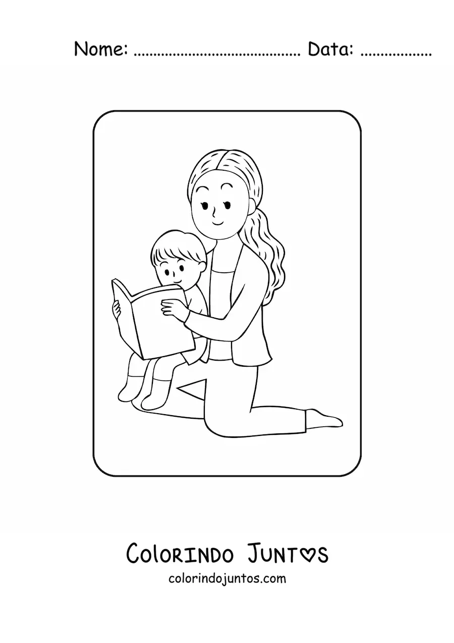Desenho para colorir de menino kawaii lendo com a mãe no Dia das Mães