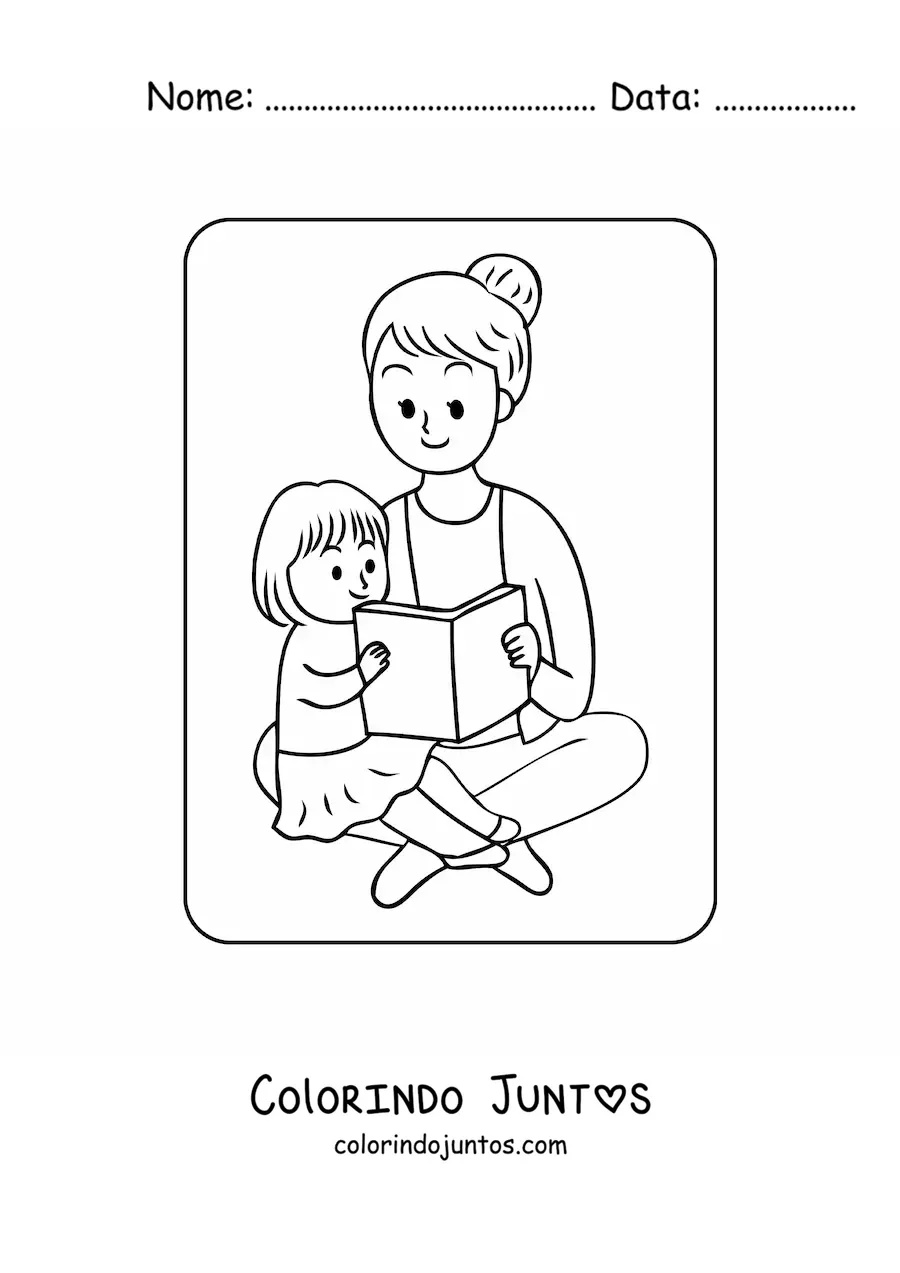 Desenho para colorir de menina kawaii lendo com a mãe no Dia das Mães