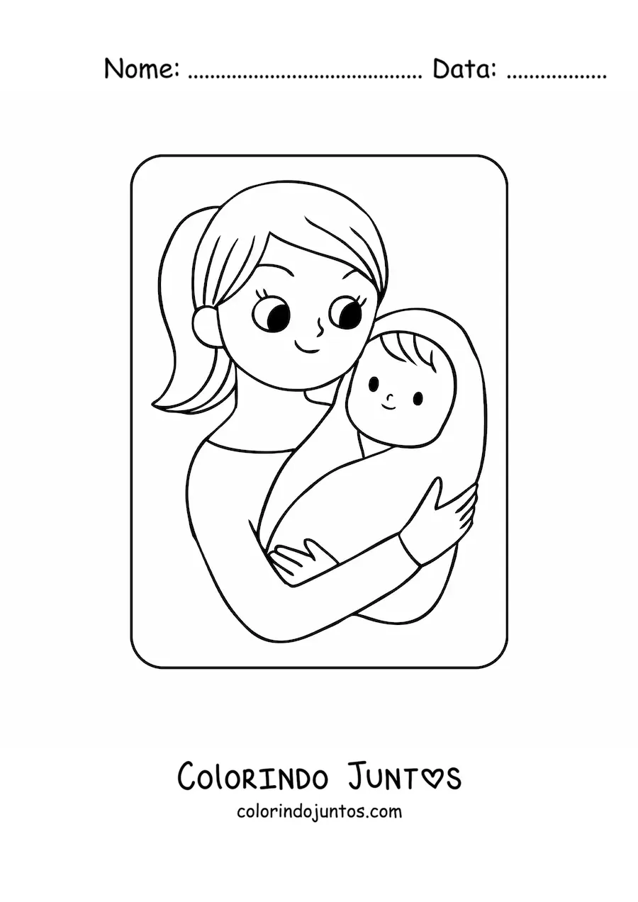 Desenho para colorir de bebê kawaii no colo da mãe no Dia das Mães