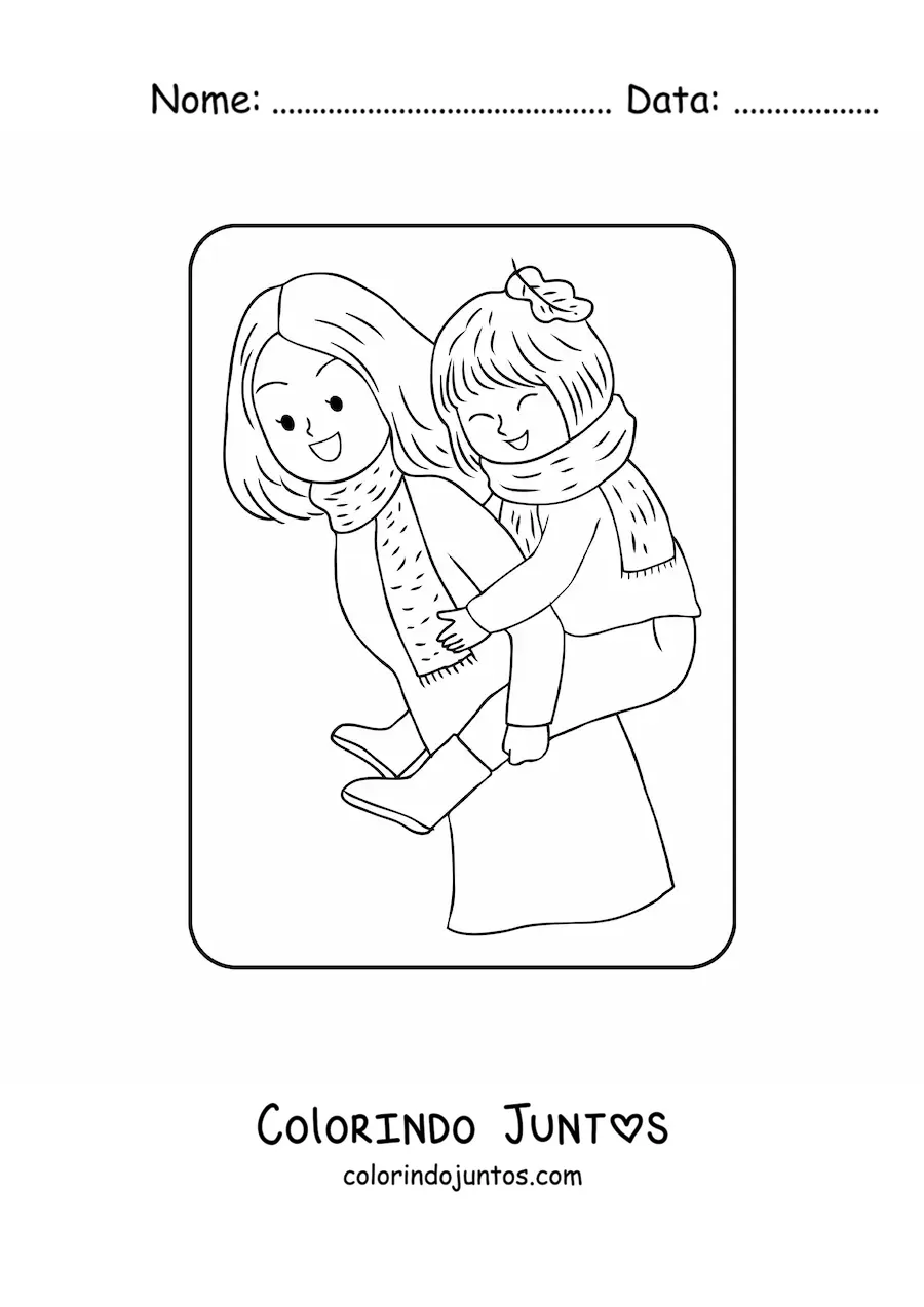 Desenho para colorir de mãe kawaii segurando a filha