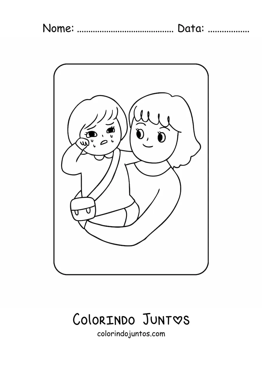 Desenho para colorir de menina kawaii chorando no colo da mãe