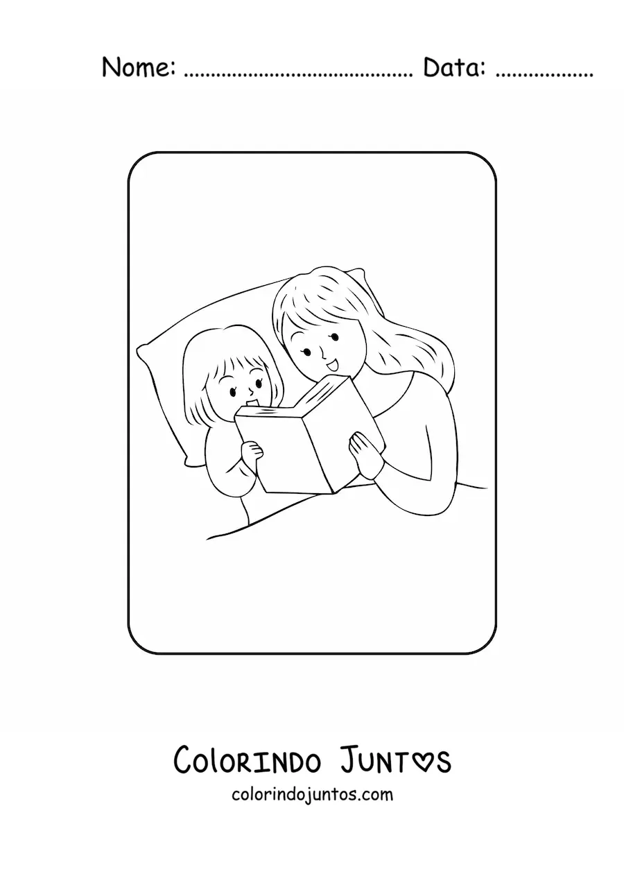 Desenho para colorir de mãe lendo uma história para a filha