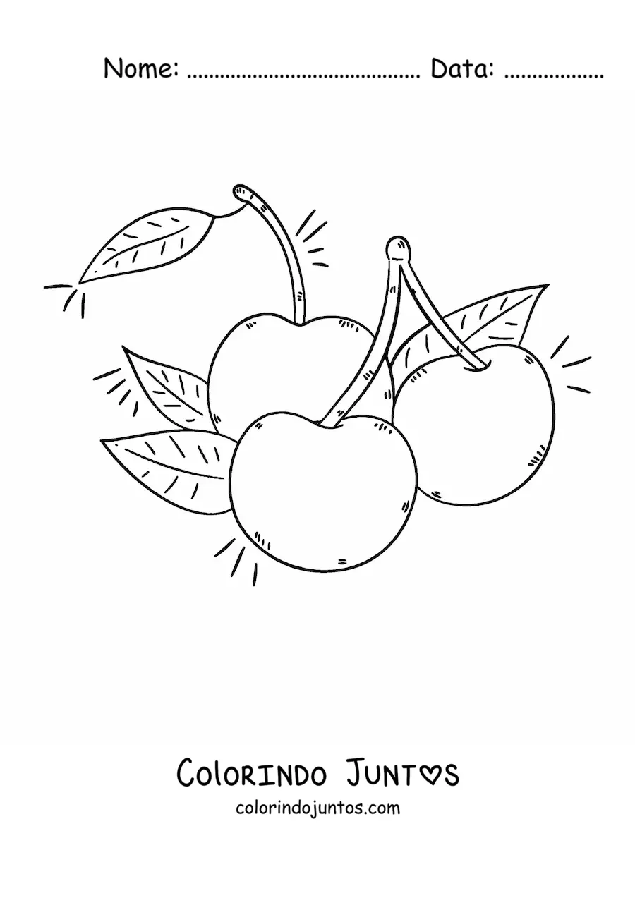Desenho para colorir de três cerejas com suas folhas