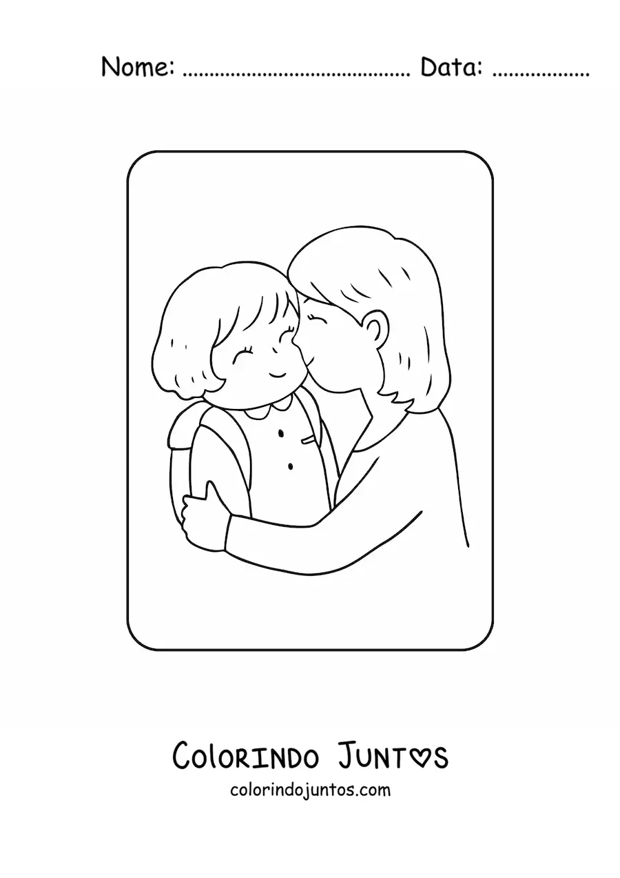 Desenho para colorir de mãe dando um beijo na filha antes de ir para a escola