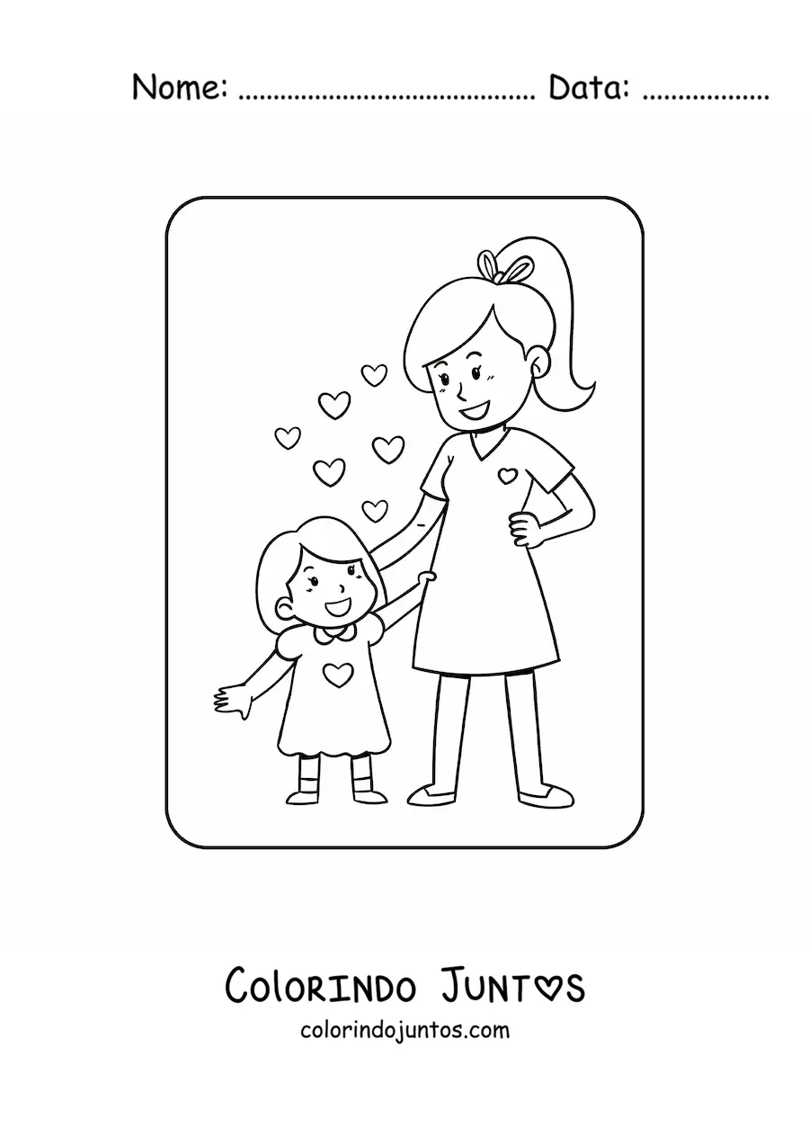 Desenho para colorir de menina kawaii junto à mãe com corações