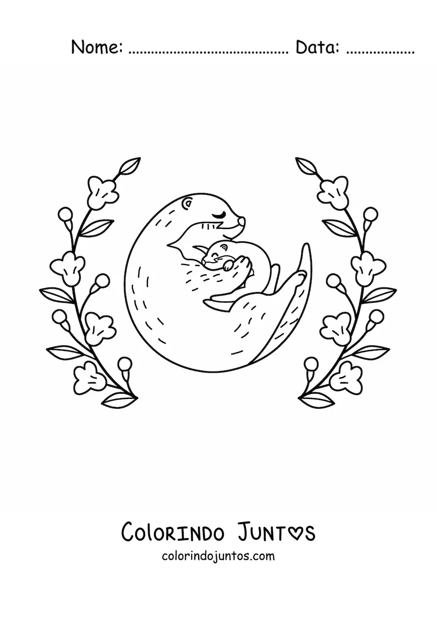 Desenho para colorir de mamãe lontra com o filhote