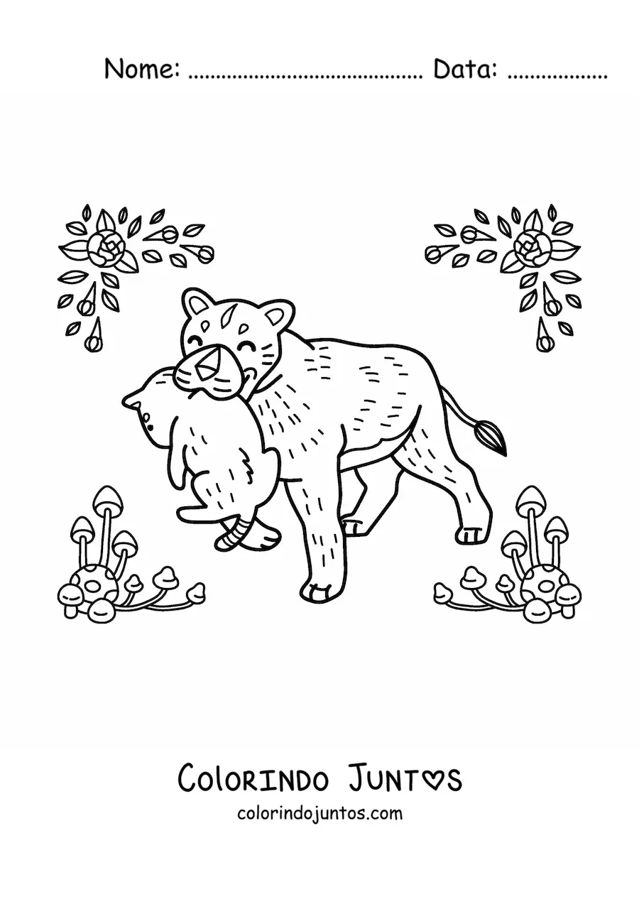 Desenho para colorir de mamãe leoa com o filhote