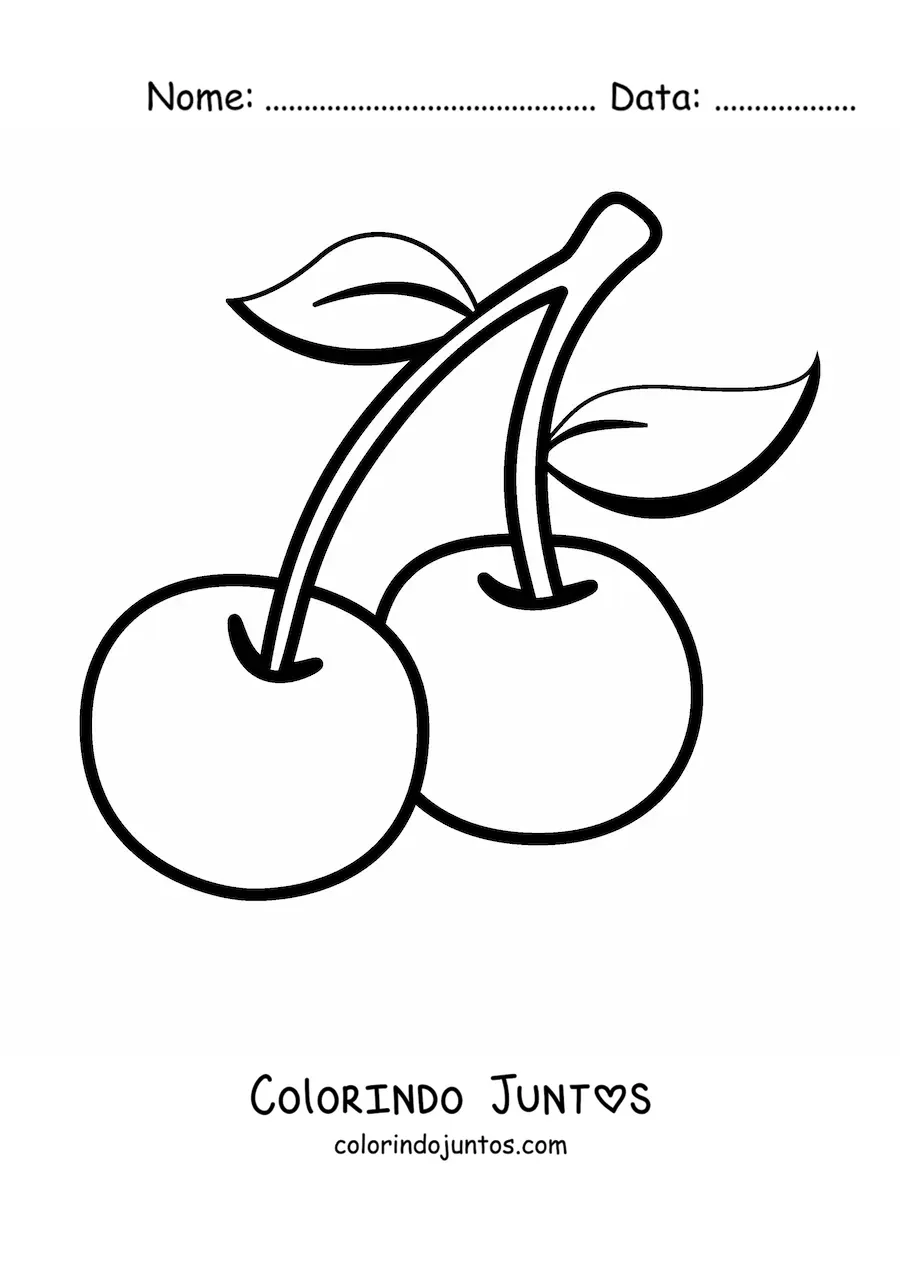 Desenho para colorir de duas cerejas com folhas