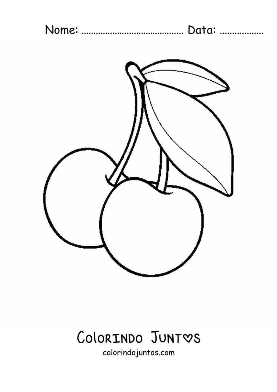 Desenho para colorir de duas cerejas com folhas