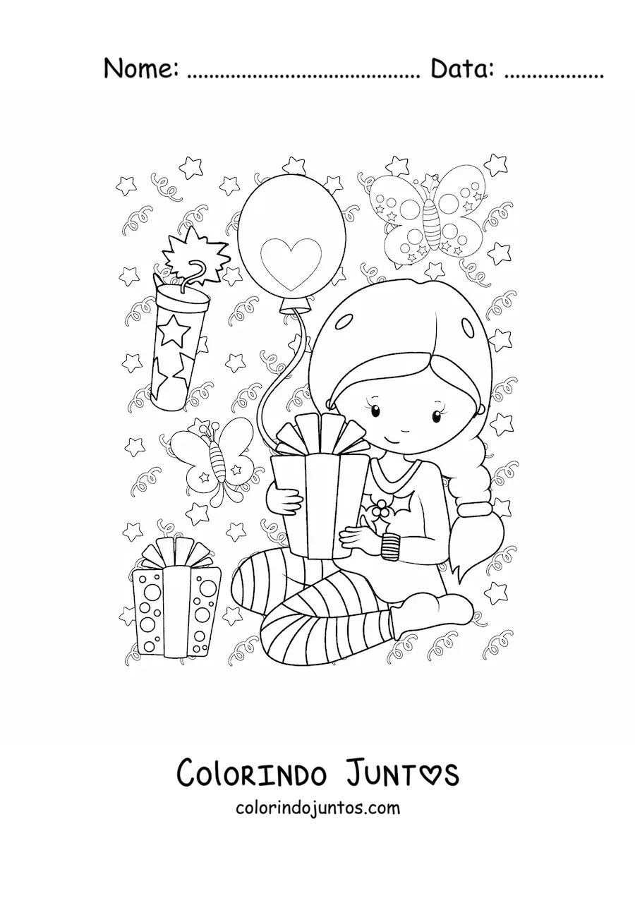 Desenho para colorir de menina com presente de Ano Novo
