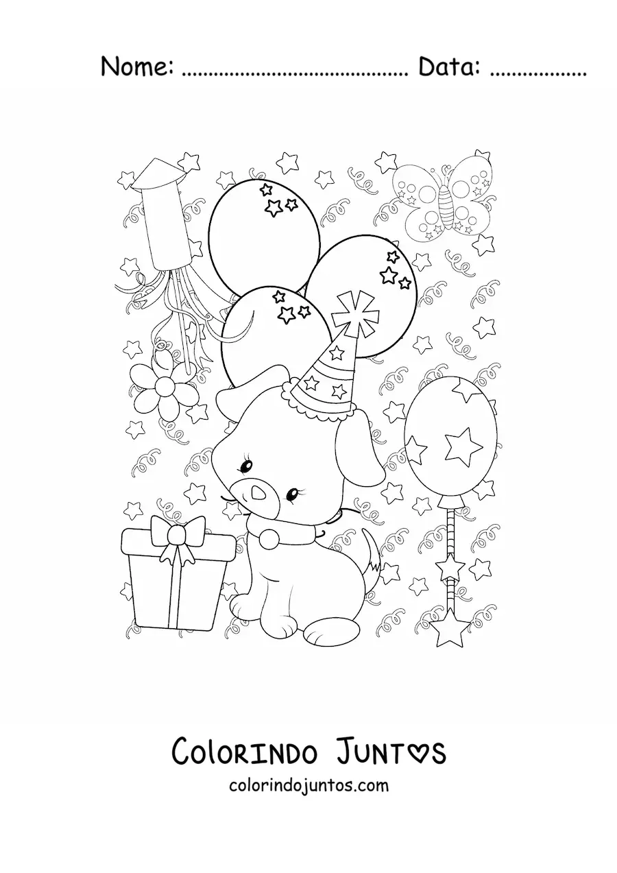 Desenho para colorir de cachorro animado com balões de Ano Novo