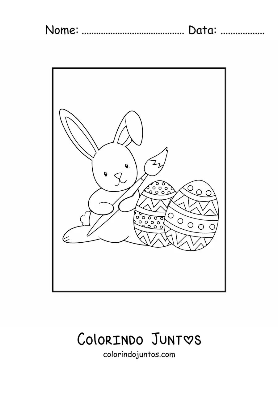 Desenho para colorir de coelho kawaii com ovos de Páscoa e pincel