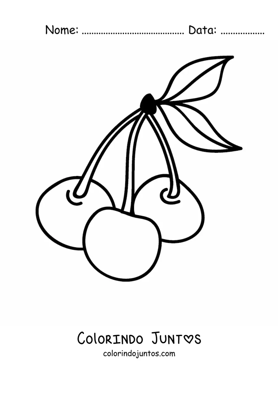 Desenho para colorir de três cerejas com folhas