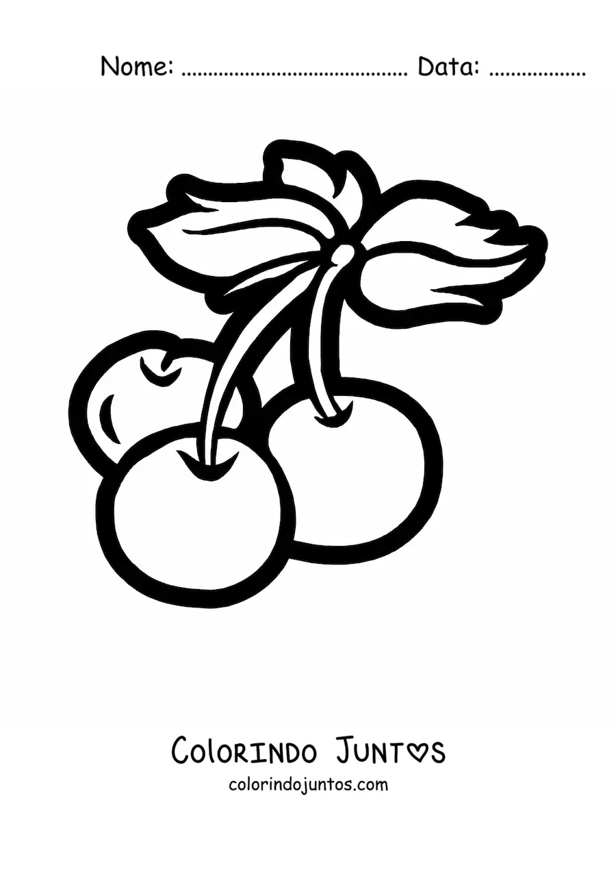 Desenho para colorir de três cerejas com folhas