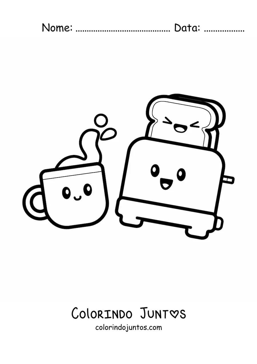 Desenho para colorir de café da manhã kawaii fofo de café e torrada