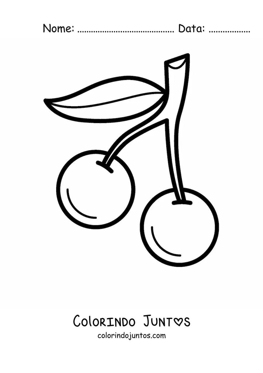 Desenho para colorir de duas cerejas com uma folha