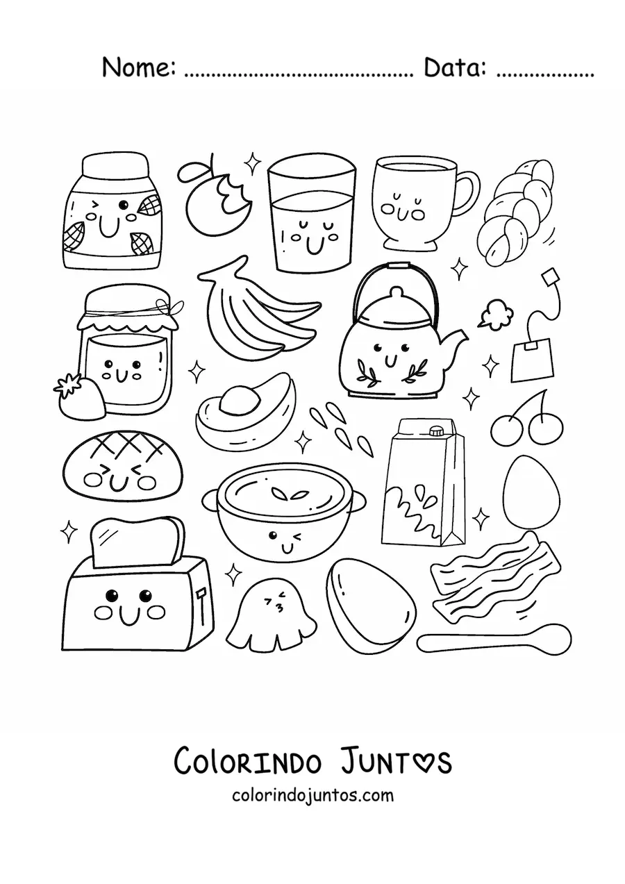 Desenho para colorir de alimentos do café da manhã kawaii fofos