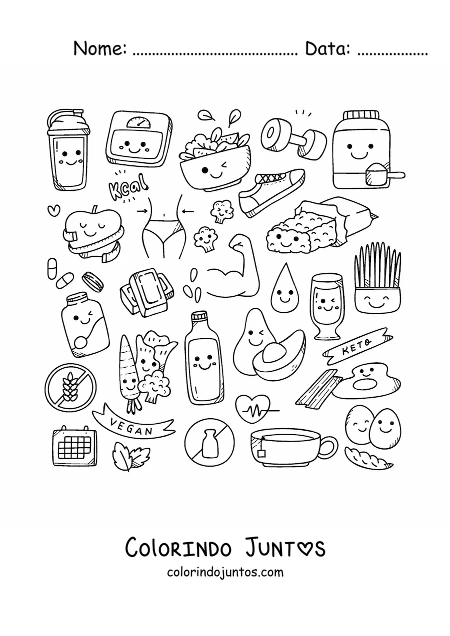 Desenho para colorir de alimentos saudáveis kawaii fofos