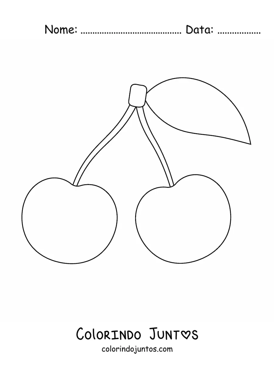 Desenho para colorir de duas cerejas com uma folha